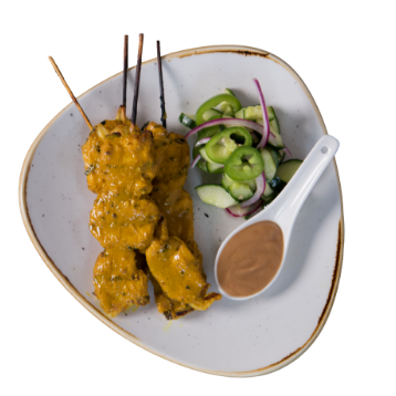 Chicken Satay Skewers with a Peanut Sauce served with a Cucumber red Onion and Jalapeno Salad, Shot overhead
