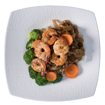 overhead of a square plate of Shrimp Pad Sew Ew Stir-fried rice noodles with sweet soy sauce, egg, carrots and broccoli